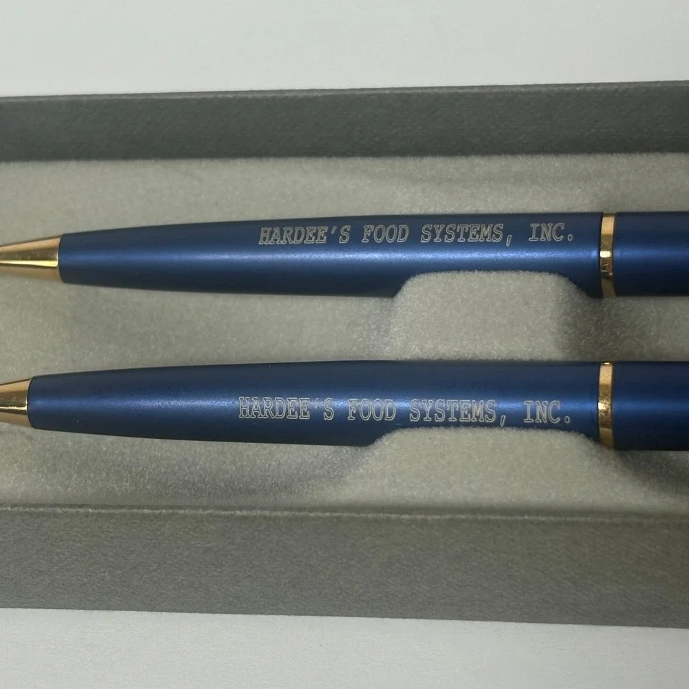 Vntg Garland Pen and Pencil Set Hardee's Food Systems Blue Gold Vintage Gift Box